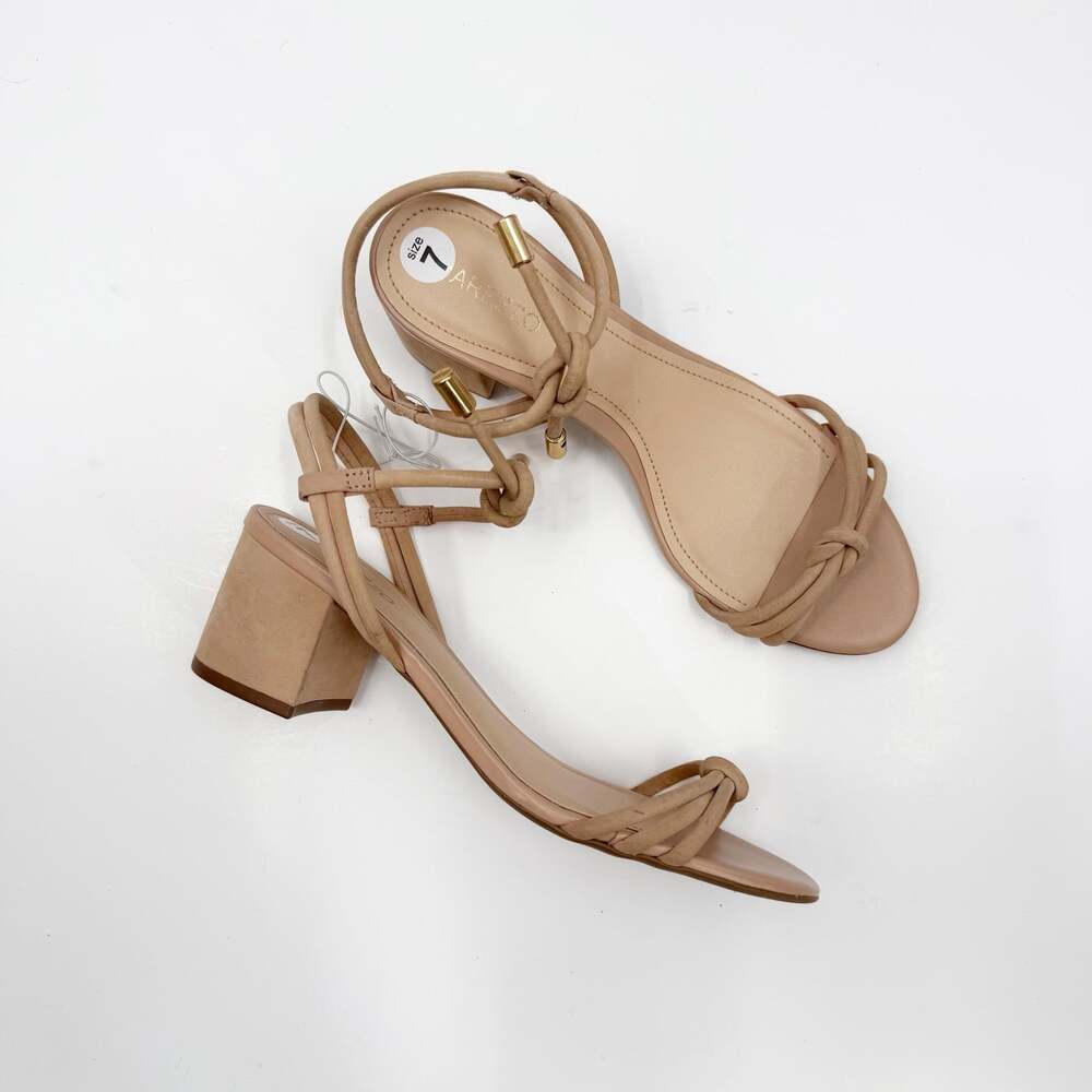Arezzo Heels Women's SZ 7 NWOT Camila Tan Gold Strappy Block Sandals Tie Ankle
